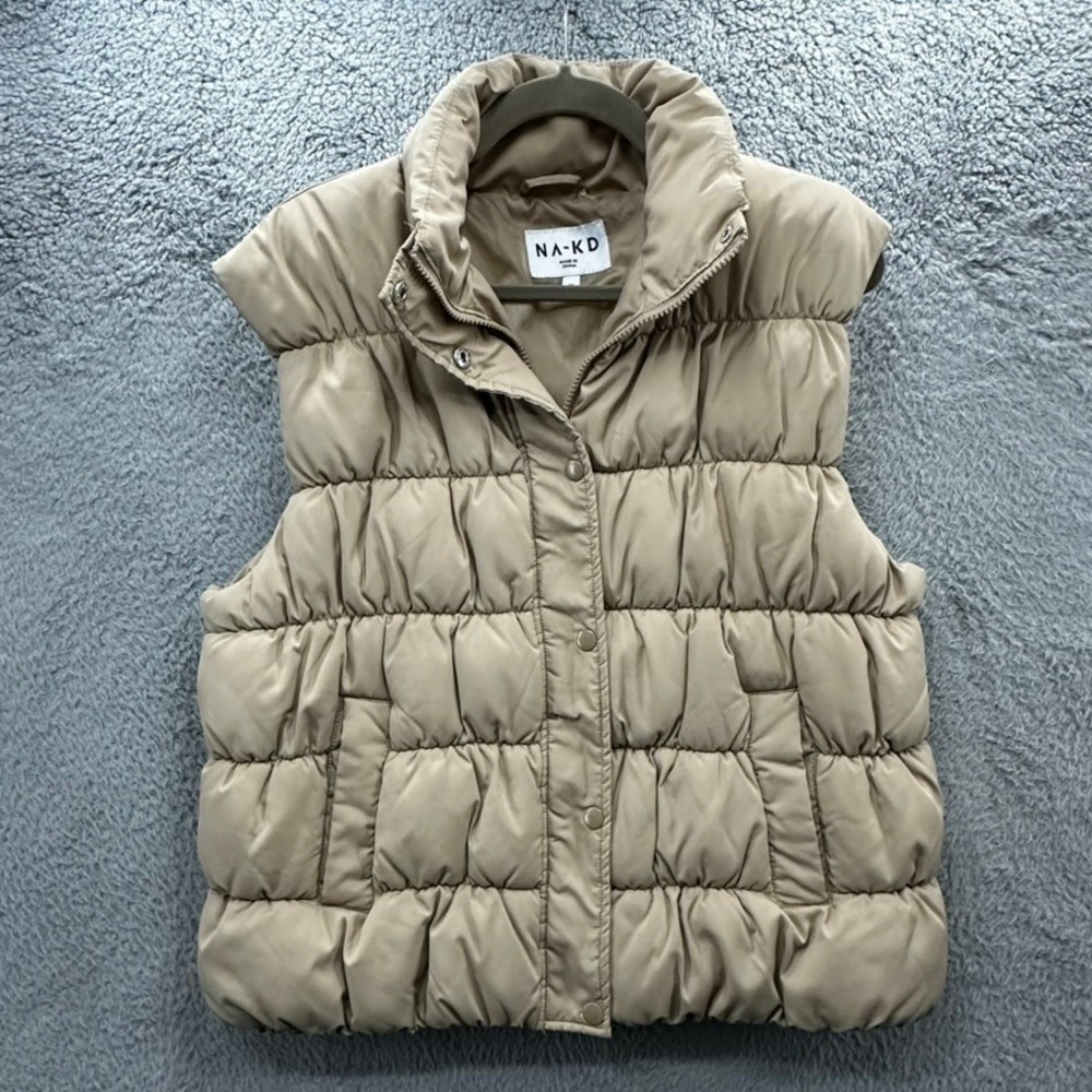 NA-KD Womens Size 38 Tan Beige Quilted Puffer Vest Funnel Neck Sleeveless Jacket